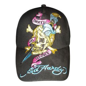Ed Hardy Kids Boy's Cap Skull Embroidered Hat Black Adjustable Strap Vintage NWT
